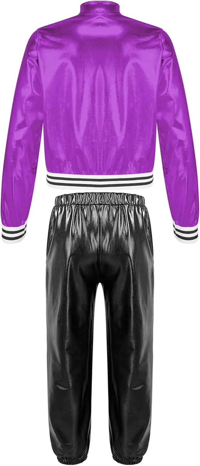 Kids Boys Girls Jazz Hip Hop Dance Costume Shiny Leather Jacket Sweatshirt with Sweatpants Set