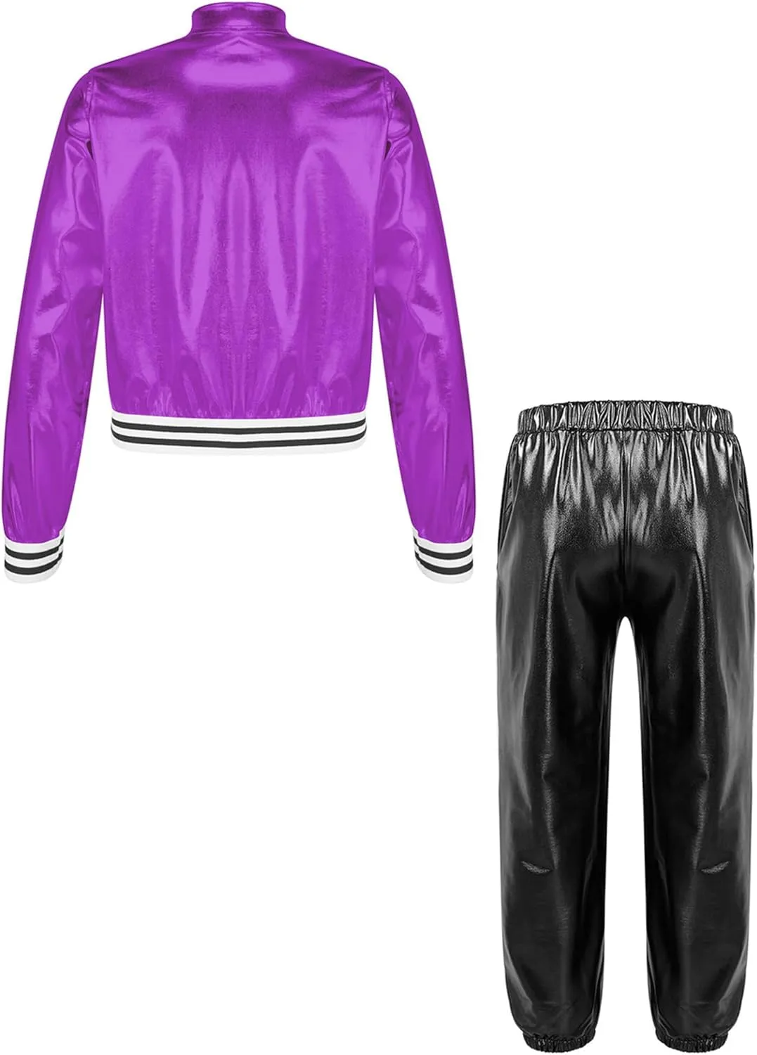 Kids Boys Girls Jazz Hip Hop Dance Costume Shiny Leather Jacket Sweatshirt with Sweatpants Set