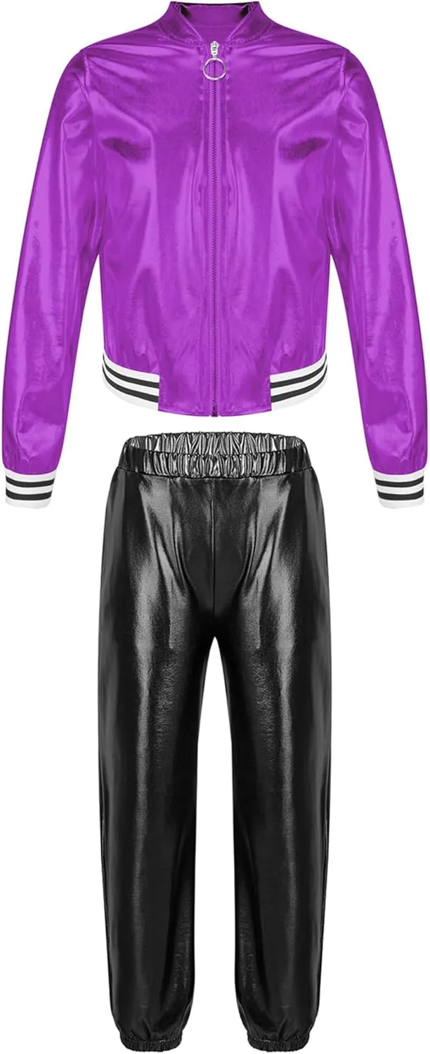 Kids Boys Girls Jazz Hip Hop Dance Costume Shiny Leather Jacket Sweatshirt with Sweatpants Set