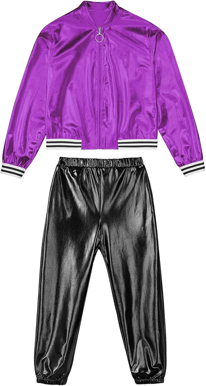 Kids Boys Girls Jazz Hip Hop Dance Costume Shiny Leather Jacket Sweatshirt with Sweatpants Set