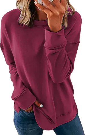 KINSWT Womens Sweatshirt Long Sleeve CrewNeck Striped Pullover side split Tops