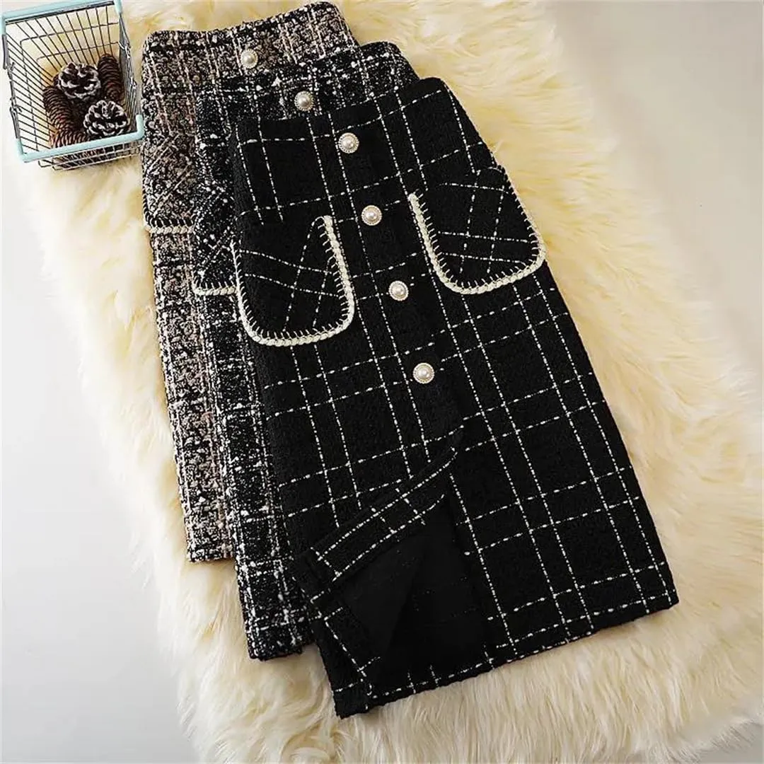 Korean Style Plaid Midi Pencil Skirts Pockets Metallic Buttons Knee Length Skirts