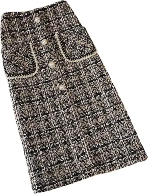 Korean Style Plaid Midi Pencil Skirts Pockets Metallic Buttons Knee Length Skirts