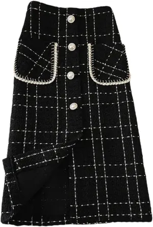Korean Style Plaid Midi Pencil Skirts Pockets Metallic Buttons Knee Length Skirts