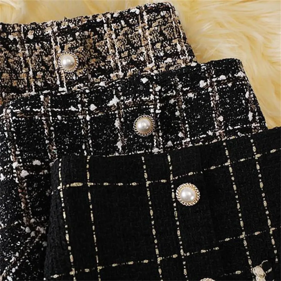 Korean Style Plaid Midi Pencil Skirts Pockets Metallic Buttons Knee Length Skirts