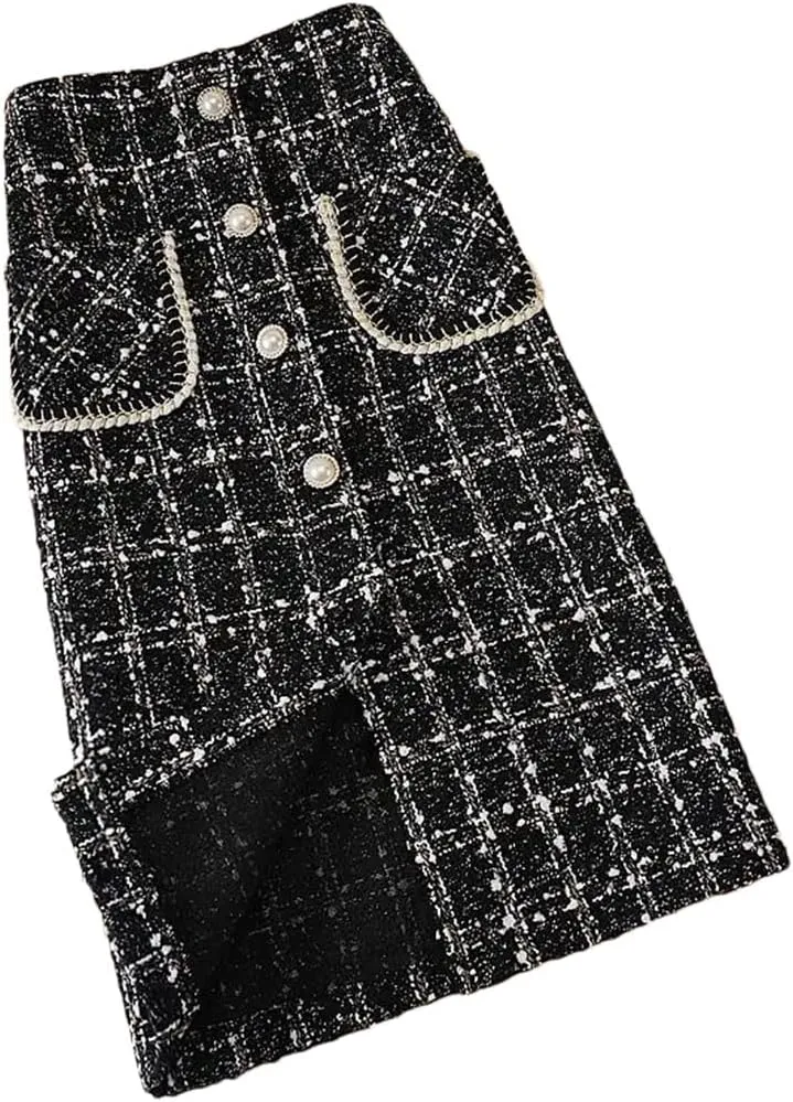 Korean Style Plaid Midi Pencil Skirts Pockets Metallic Buttons Knee Length Skirts