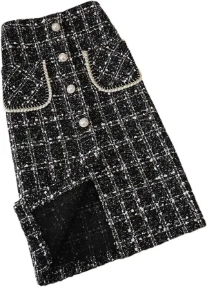 Korean Style Plaid Midi Pencil Skirts Pockets Metallic Buttons Knee Length Skirts