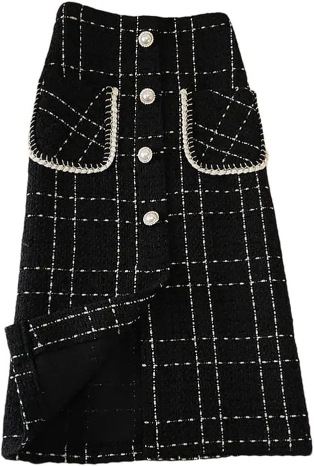 Korean Style Plaid Midi Pencil Skirts Pockets Metallic Buttons Knee Length Skirts