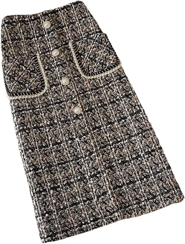 Korean Style Plaid Midi Pencil Skirts Pockets Metallic Buttons Knee Length Skirts