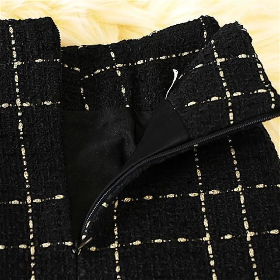 Korean Style Plaid Midi Pencil Skirts Pockets Metallic Buttons Knee Length Skirts