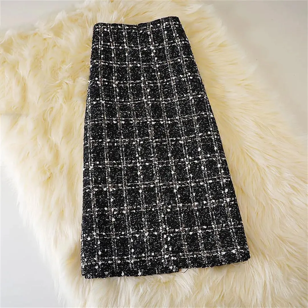 Korean Style Plaid Midi Pencil Skirts Pockets Metallic Buttons Knee Length Skirts