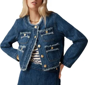 Ladyful Women's Cropped Denim Jacket Frayed Collarless Button Down Long Sleeve Pockets Jean Coat