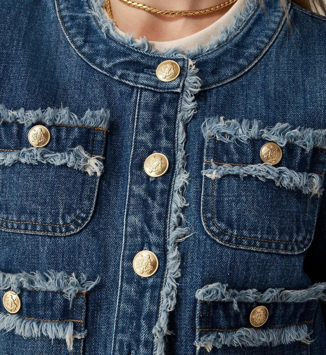 Ladyful Women's Cropped Denim Jacket Frayed Collarless Button Down Long Sleeve Pockets Jean Coat