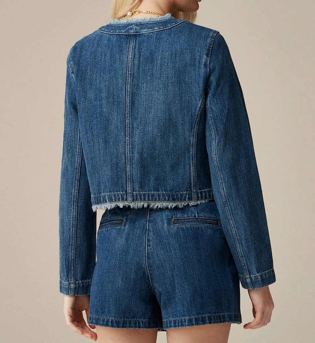 Ladyful Women's Cropped Denim Jacket Frayed Collarless Button Down Long Sleeve Pockets Jean Coat
