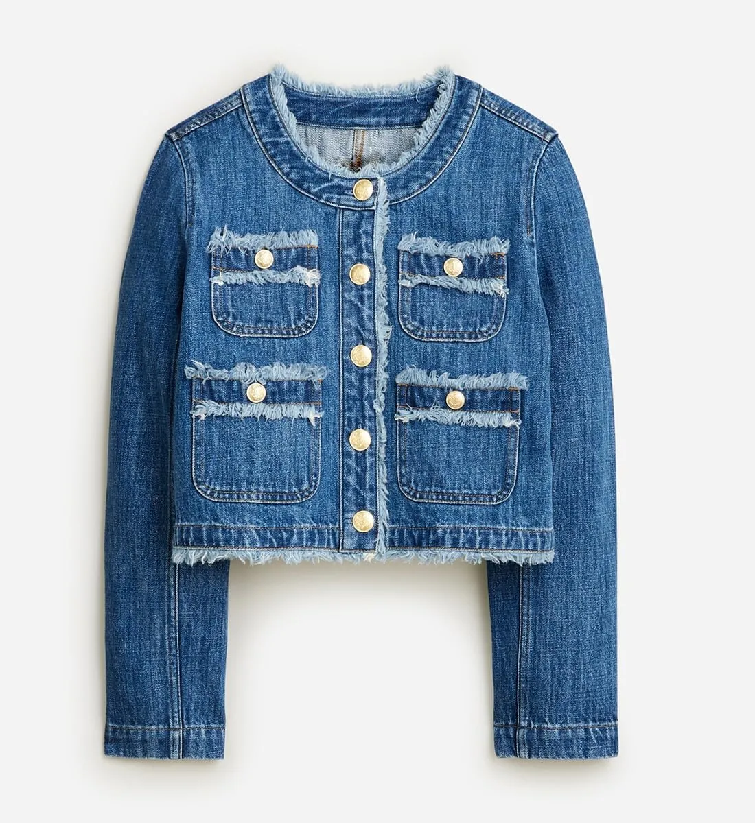 Ladyful Women's Cropped Denim Jacket Frayed Collarless Button Down Long Sleeve Pockets Jean Coat