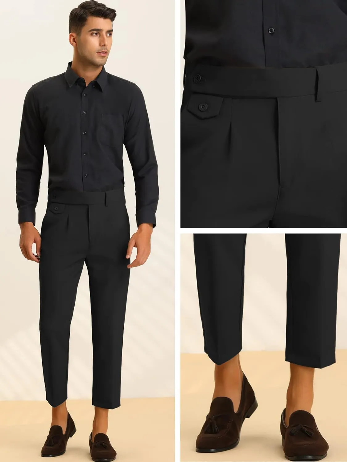Lars Amadeus Cropped Dress Pants for Men's Pleated Front Slim Fit Solid Business Tapered Trousers