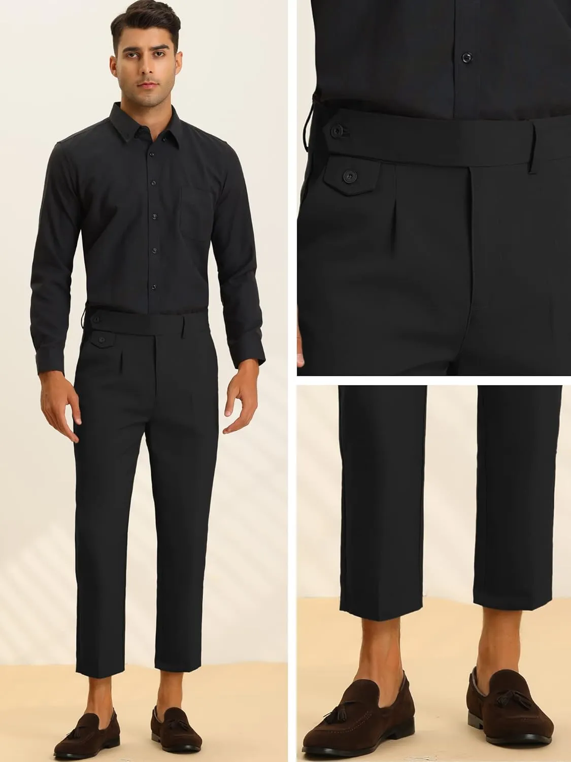 Lars Amadeus Cropped Dress Pants for Men's Pleated Front Slim Fit Solid Business Tapered Trousers