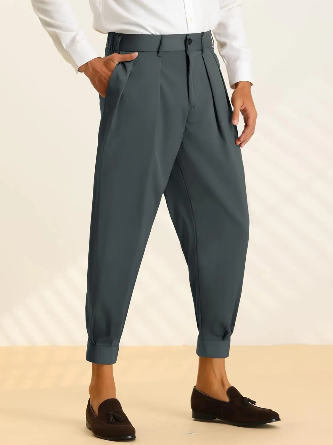 Lars Amadeus Cropped Formal Pants for Men's Solid Color Double Pleated Tapered Dress Pants
