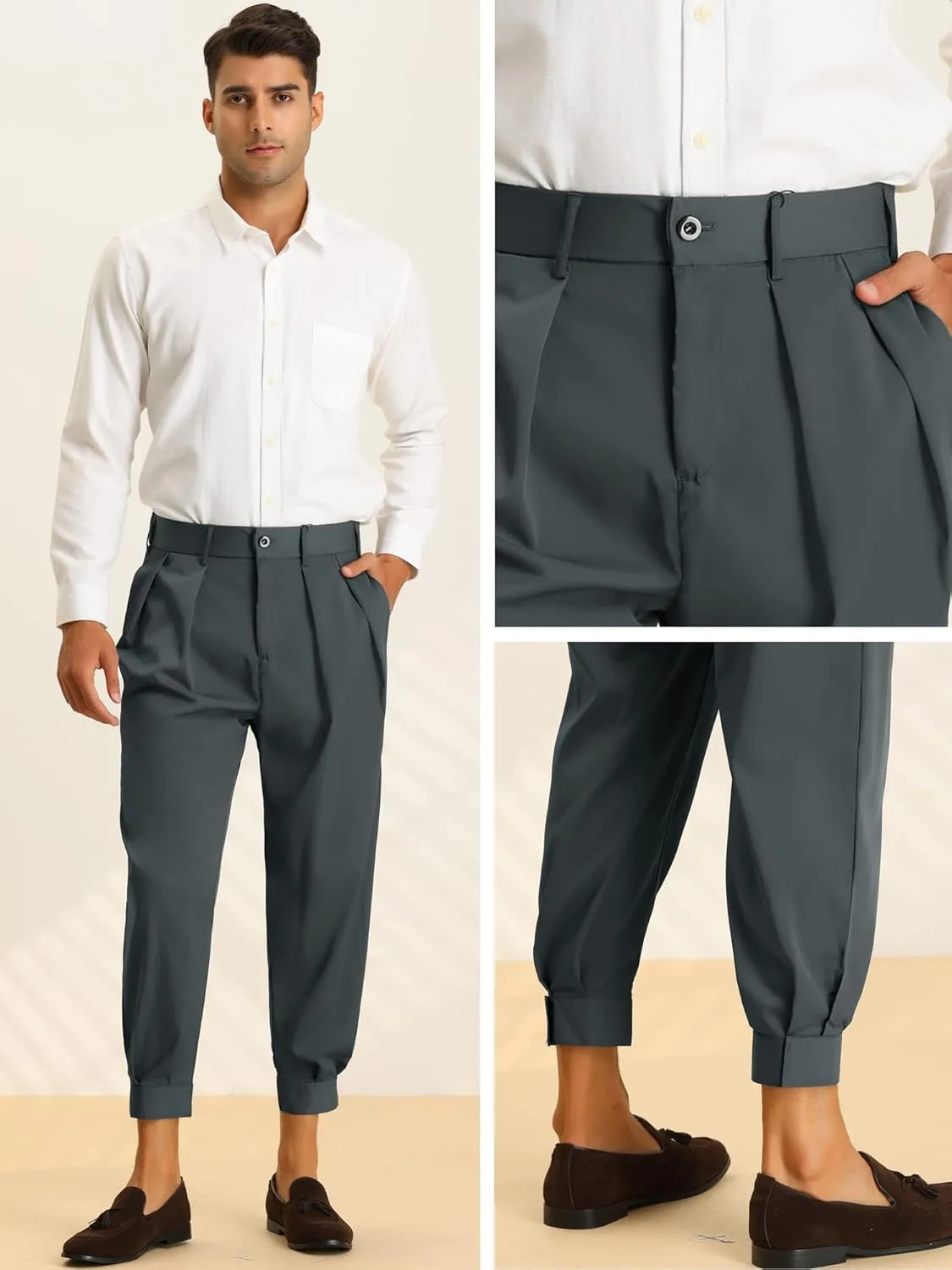 Lars Amadeus Cropped Formal Pants for Men's Solid Color Double Pleated Tapered Dress Pants