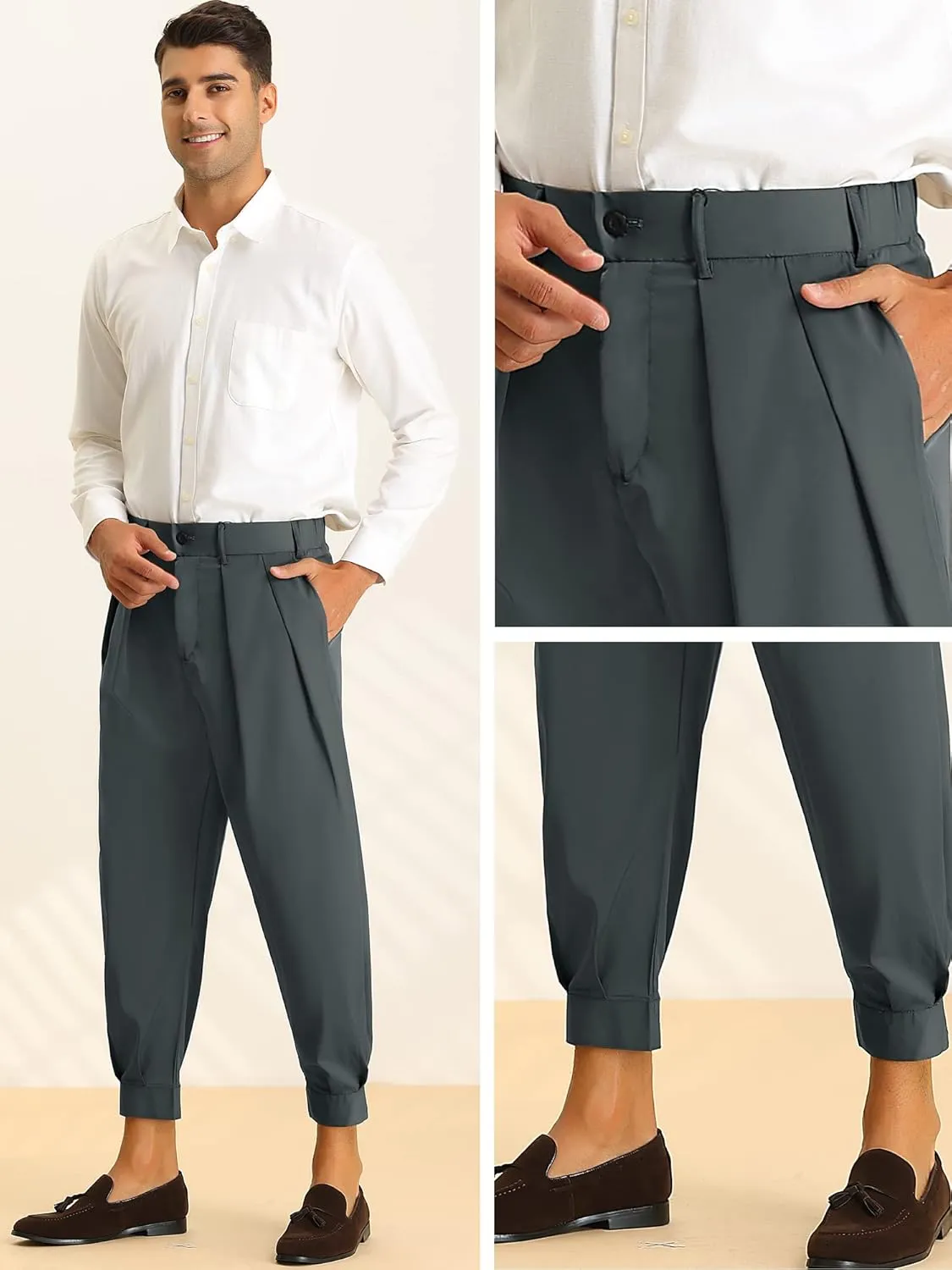 Lars Amadeus Cropped Formal Pants for Men's Solid Color Double Pleated Tapered Dress Pants