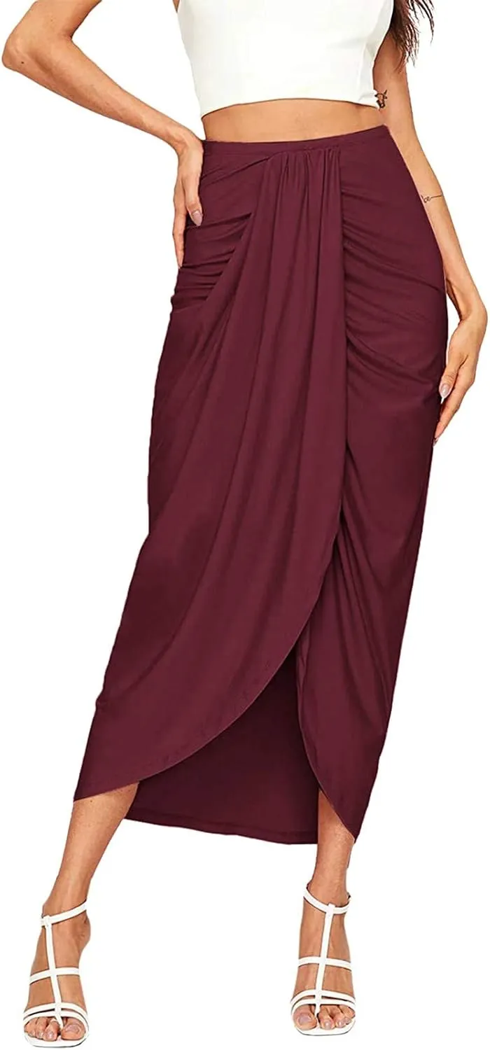Leather Skirts for Women High Waist Elastic Draped Asymmetrical Casual Solid Waist Maxi High Wrap Pleated Mini
