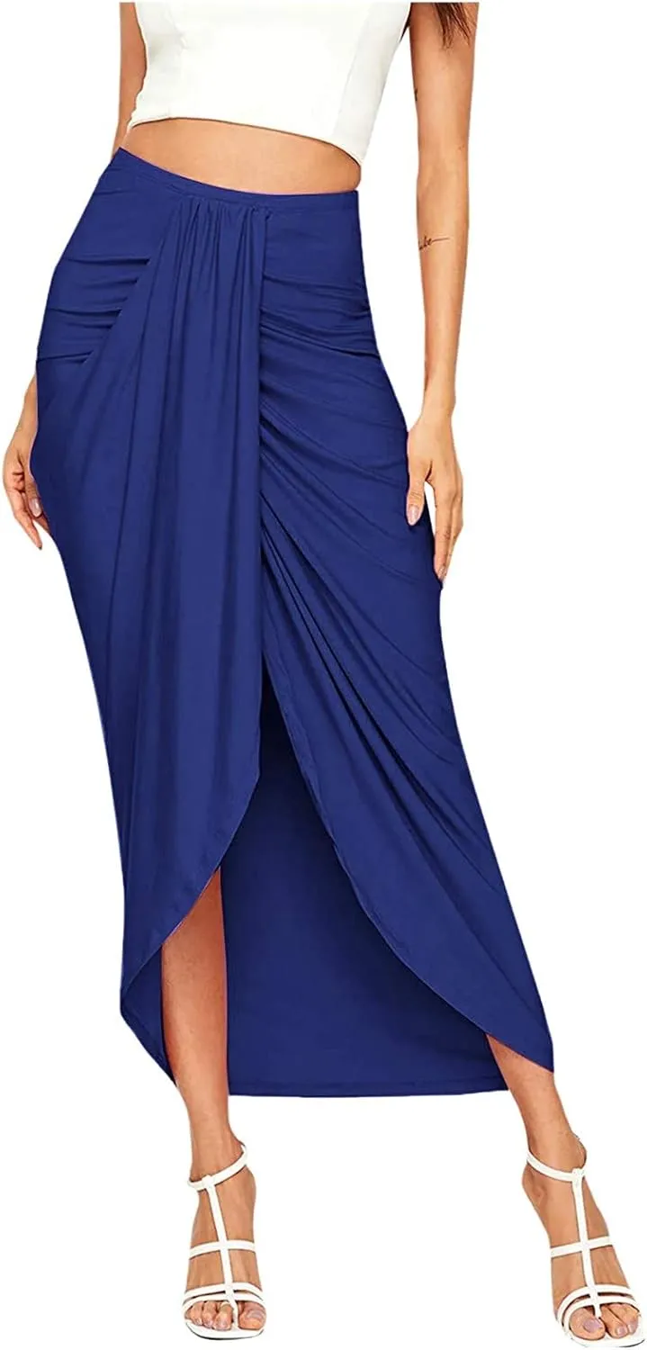 Leather Skirts for Women High Waist Elastic Draped Asymmetrical Casual Solid Waist Maxi High Wrap Pleated Mini