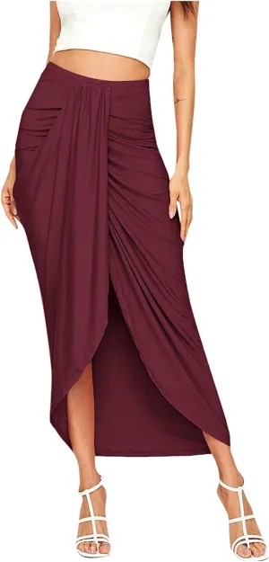 Leather Skirts for Women High Waist Elastic Draped Asymmetrical Casual Solid Waist Maxi High Wrap Pleated Mini