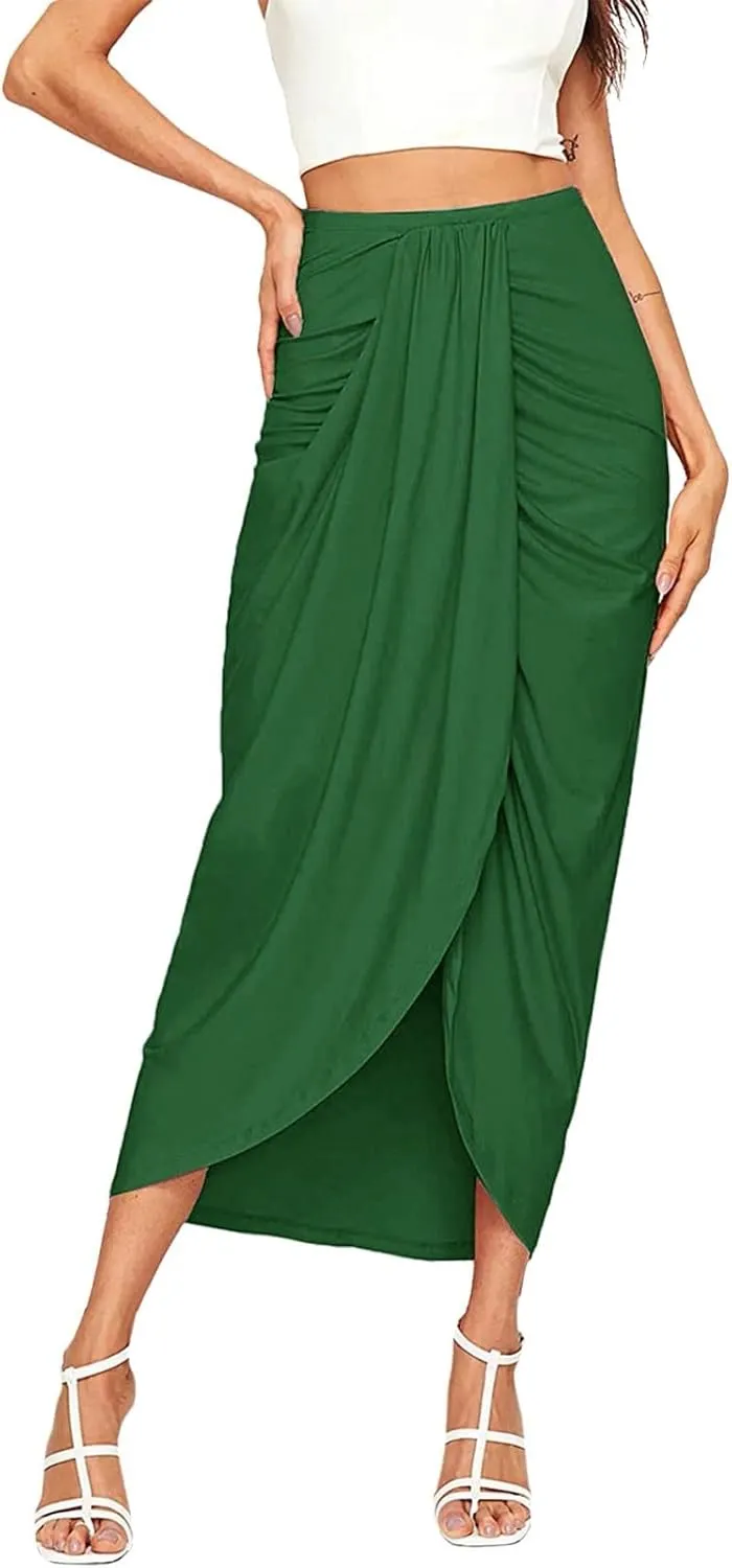 Leather Skirts for Women High Waist Elastic Draped Asymmetrical Casual Solid Waist Maxi High Wrap Pleated Mini