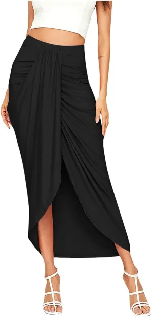 Leather Skirts for Women High Waist Elastic Draped Asymmetrical Casual Solid Waist Maxi High Wrap Pleated Mini