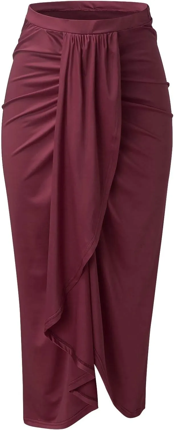 Leather Skirts for Women High Waist Elastic Draped Asymmetrical Casual Solid Waist Maxi High Wrap Pleated Mini