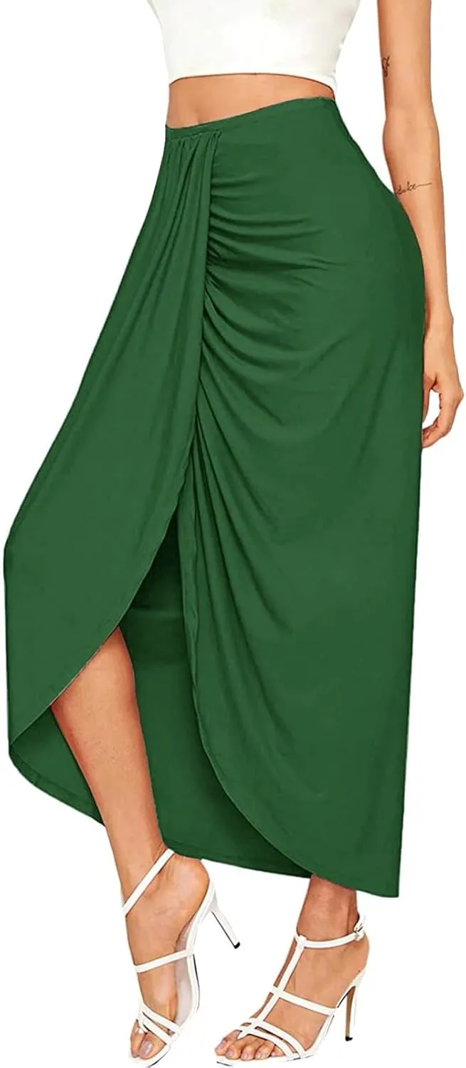 Leather Skirts for Women High Waist Elastic Draped Asymmetrical Casual Solid Waist Maxi High Wrap Pleated Mini