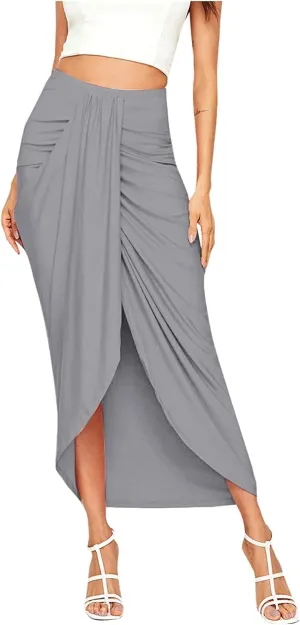 Leather Skirts for Women High Waist Elastic Draped Asymmetrical Casual Solid Waist Maxi High Wrap Pleated Mini