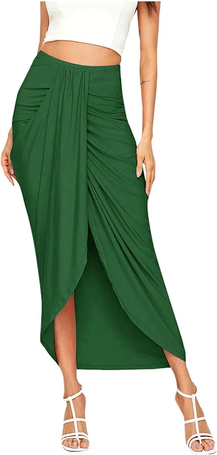 Leather Skirts for Women High Waist Elastic Draped Asymmetrical Casual Solid Waist Maxi High Wrap Pleated Mini