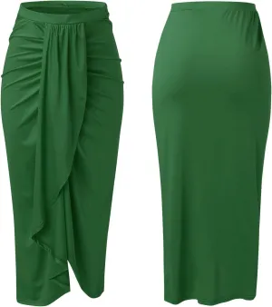 Leather Skirts for Women High Waist Elastic Draped Asymmetrical Casual Solid Waist Maxi High Wrap Pleated Mini