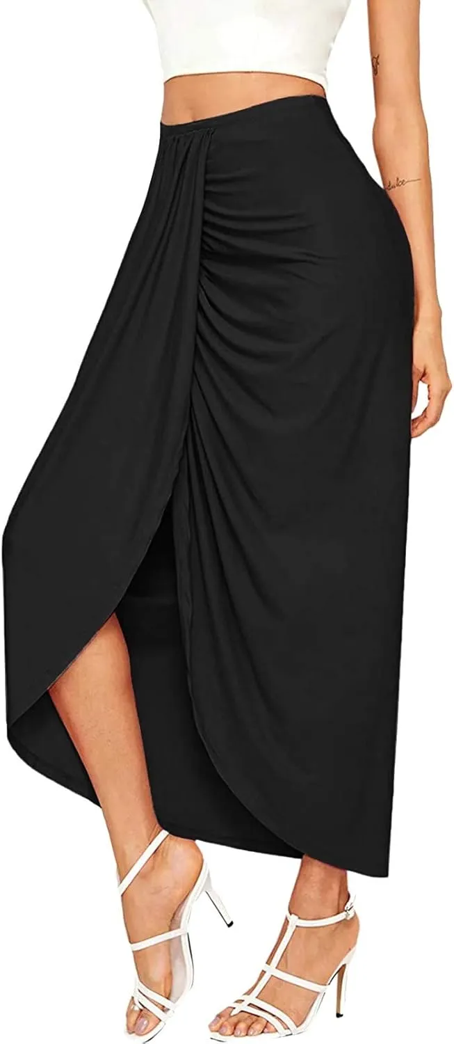 Leather Skirts for Women High Waist Elastic Draped Asymmetrical Casual Solid Waist Maxi High Wrap Pleated Mini