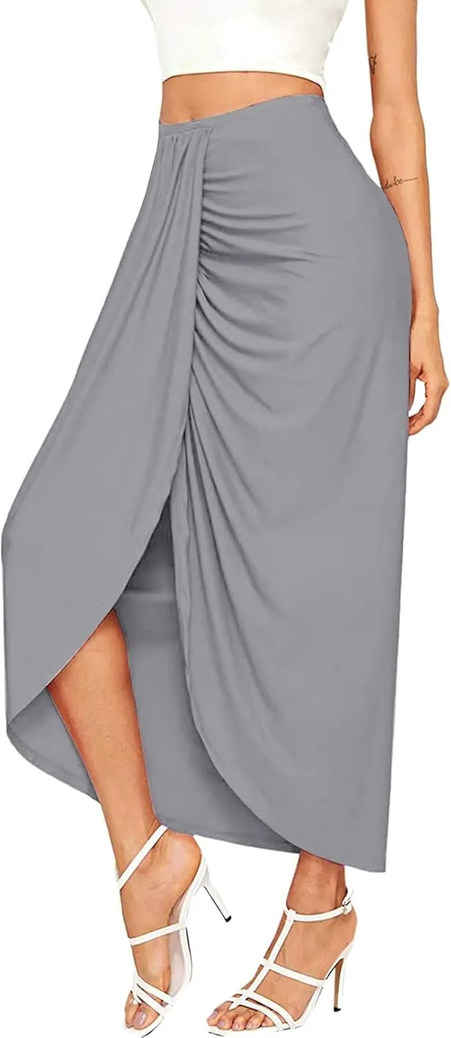 Leather Skirts for Women High Waist Elastic Draped Asymmetrical Casual Solid Waist Maxi High Wrap Pleated Mini