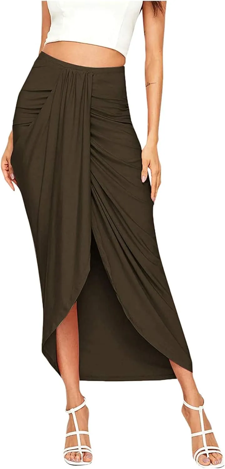 Leather Skirts for Women High Waist Elastic Draped Asymmetrical Casual Solid Waist Maxi High Wrap Pleated Mini