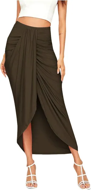 Leather Skirts for Women High Waist Elastic Draped Asymmetrical Casual Solid Waist Maxi High Wrap Pleated Mini