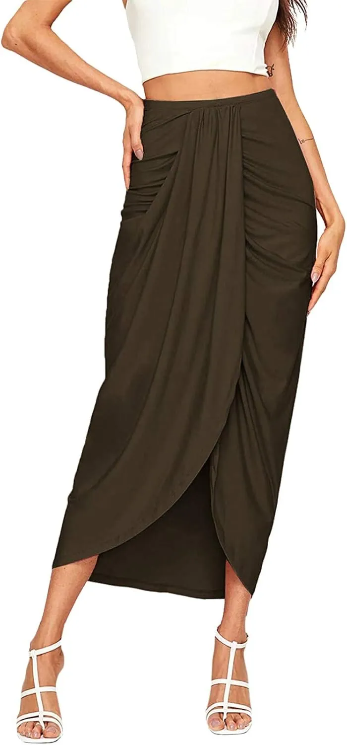 Leather Skirts for Women High Waist Elastic Draped Asymmetrical Casual Solid Waist Maxi High Wrap Pleated Mini