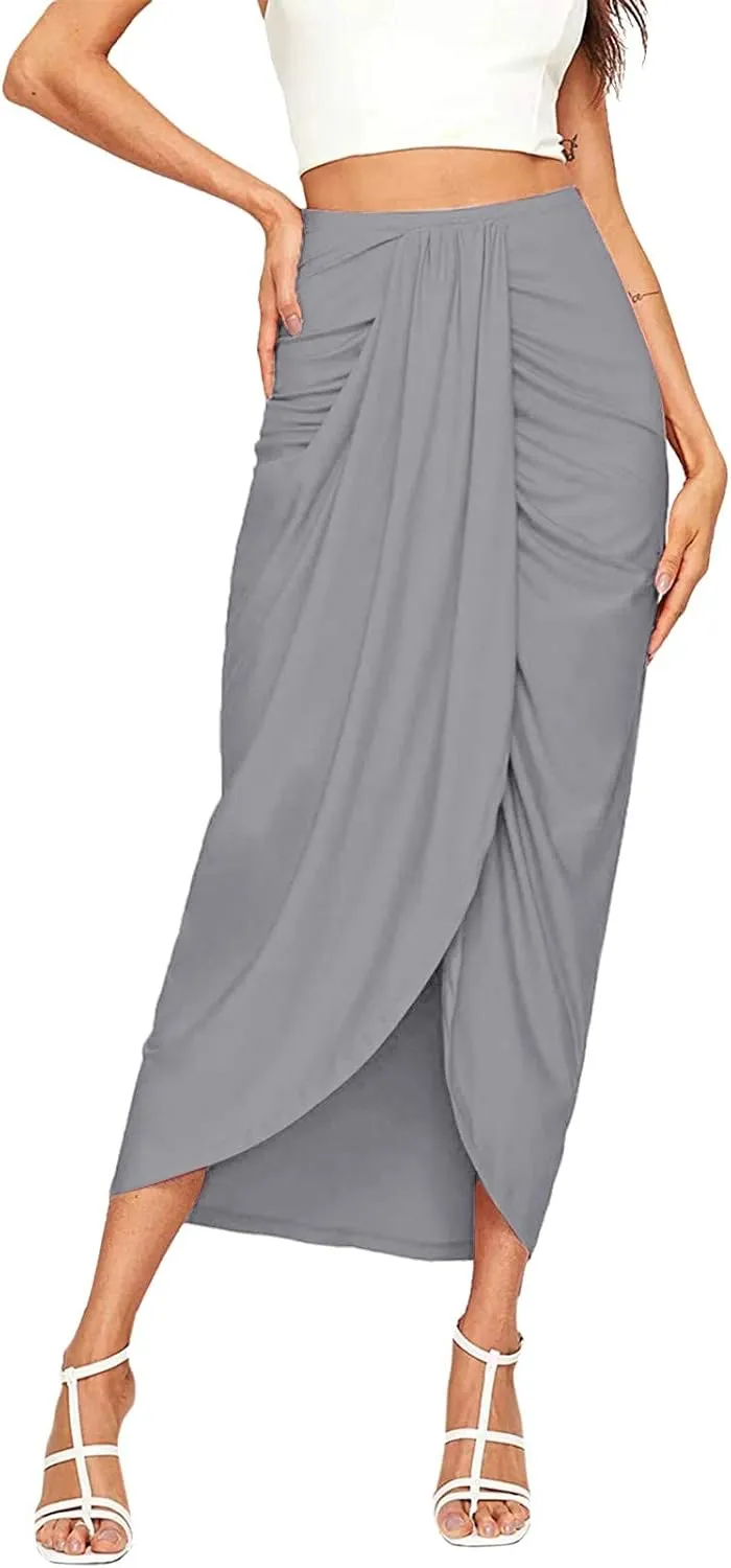 Leather Skirts for Women High Waist Elastic Draped Asymmetrical Casual Solid Waist Maxi High Wrap Pleated Mini