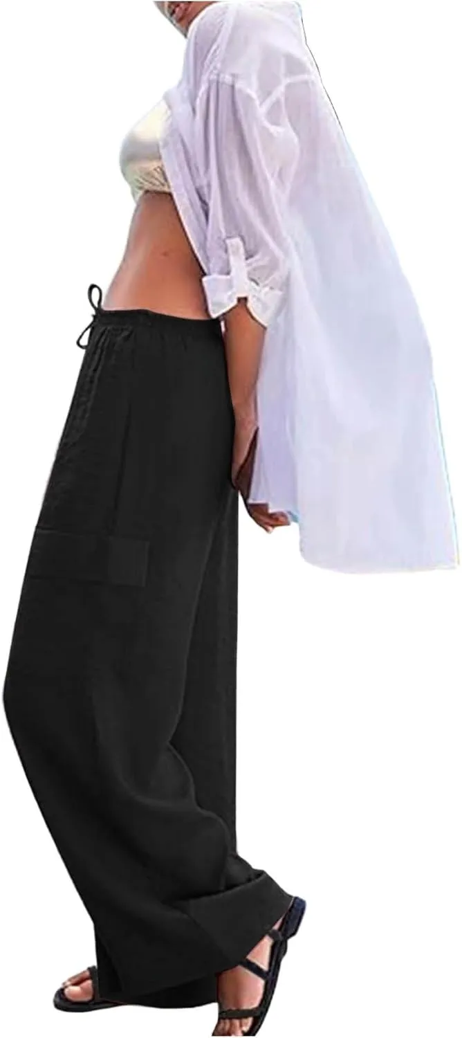 Linen Cargo Pants Women Lightweight Business Casual Summer Pants Comfy Cotton Work Trousers Baggy Slacks with Pockets