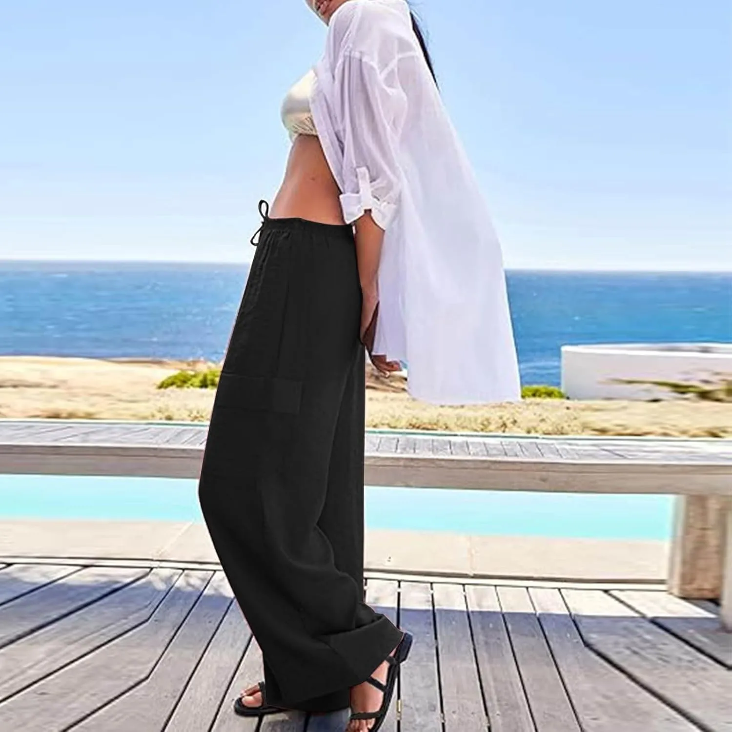Linen Cargo Pants Women Lightweight Business Casual Summer Pants Comfy Cotton Work Trousers Baggy Slacks with Pockets