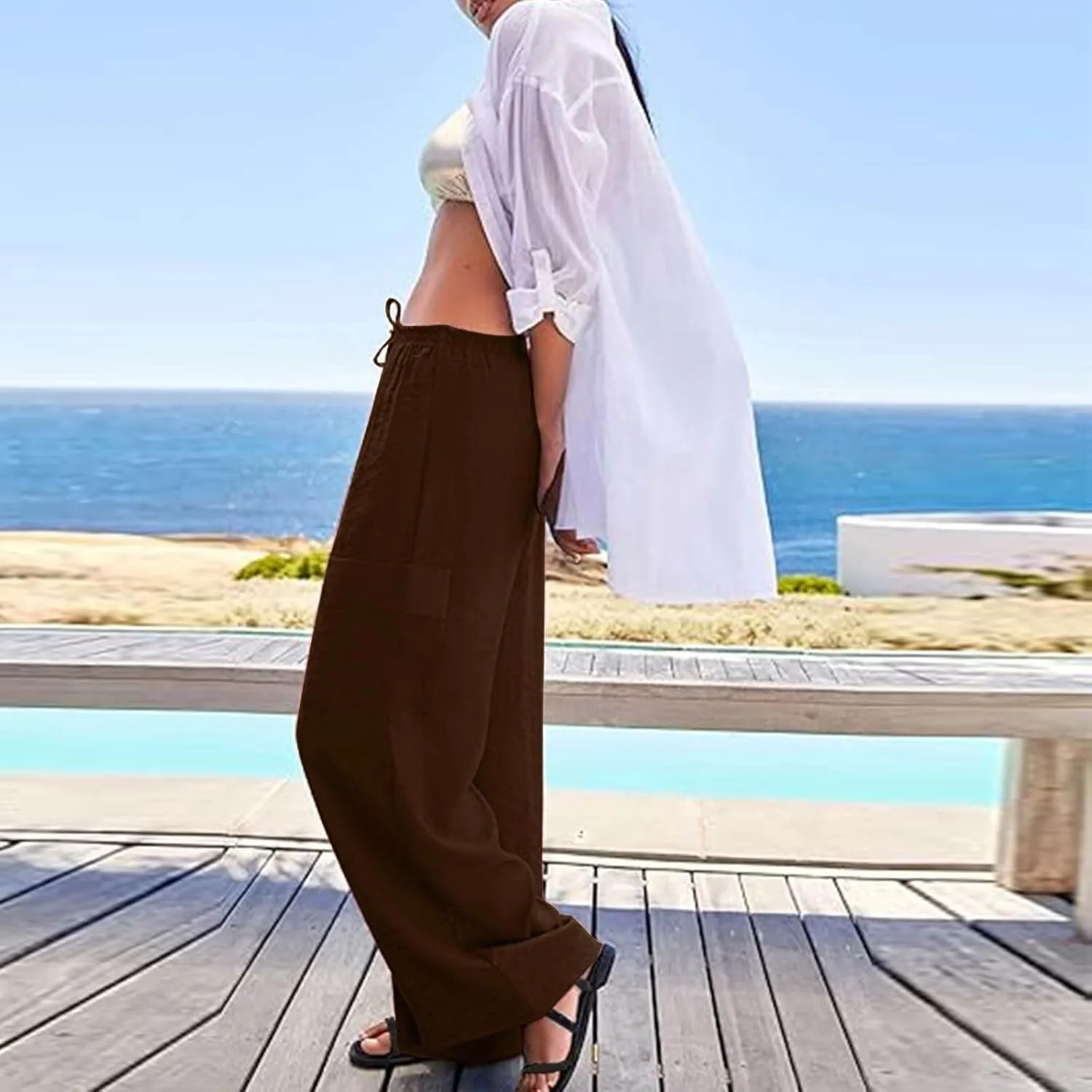 Linen Cargo Pants Women Lightweight Business Casual Summer Pants Comfy Cotton Work Trousers Baggy Slacks with Pockets
