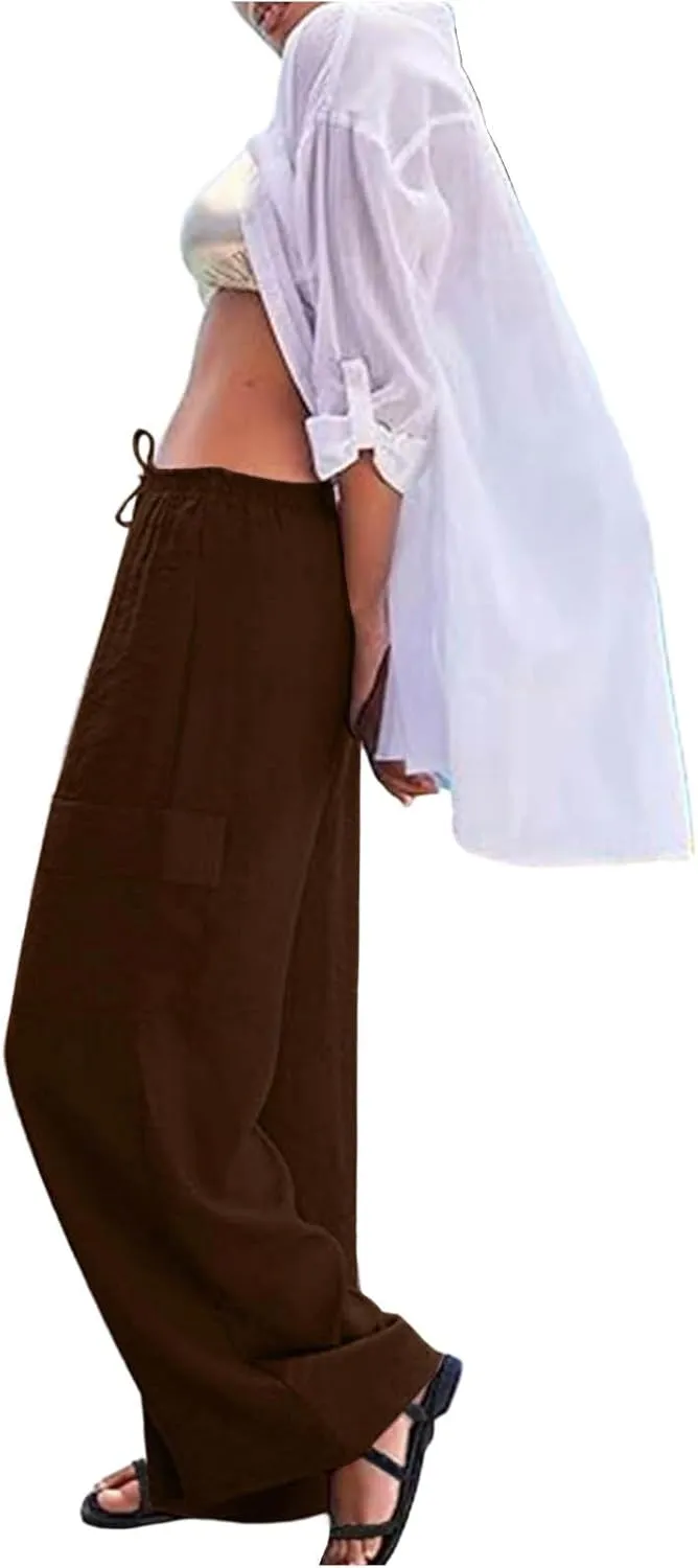 Linen Cargo Pants Women Lightweight Business Casual Summer Pants Comfy Cotton Work Trousers Baggy Slacks with Pockets