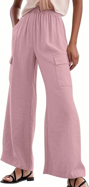 Linen Cargo Pants Women Lightweight Comfy Business Casual Work Pants Baggy Elastic Waist Office Trousers with Pockets