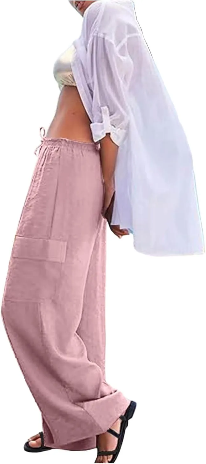 Linen Cargo Pants Women Lightweight Comfy Business Casual Work Pants Baggy Elastic Waist Office Trousers with Pockets