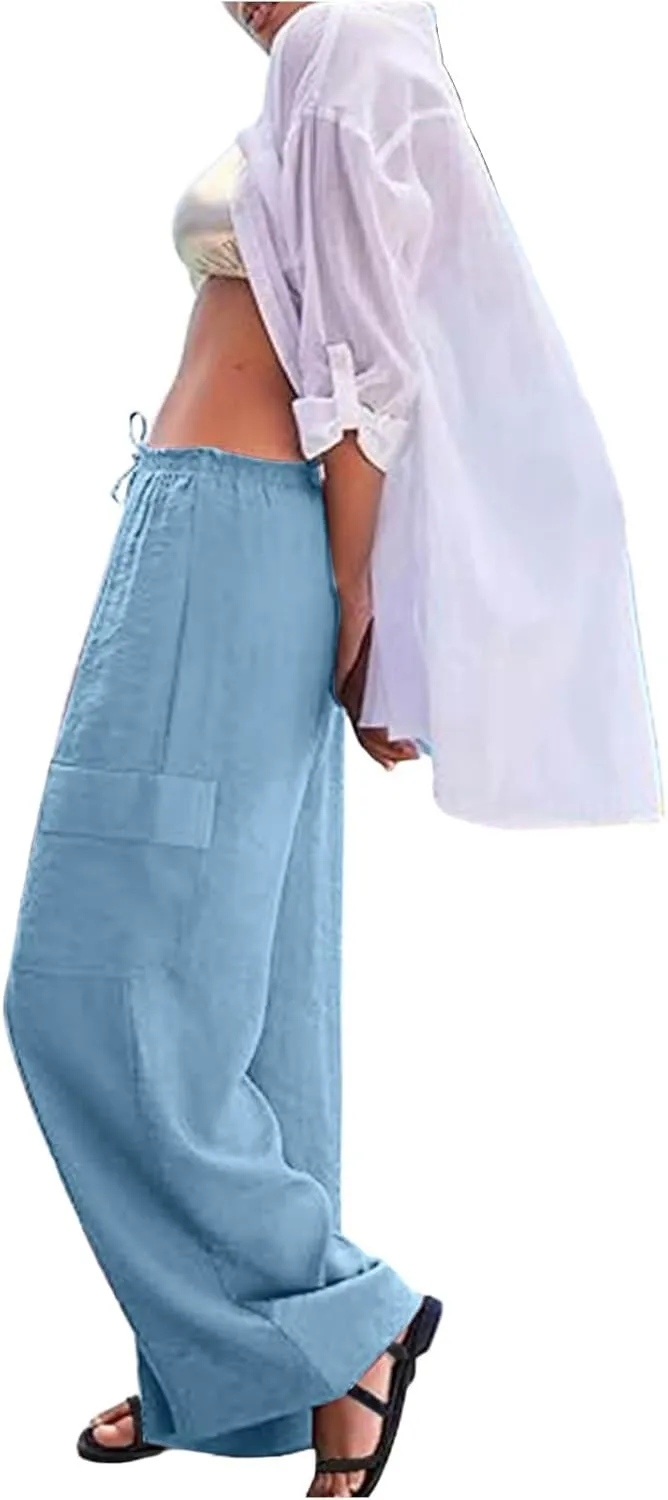 Linen Cargo Pants Women Lightweight Comfy Business Casual Work Pants Baggy Elastic Waist Office Trousers with Pockets