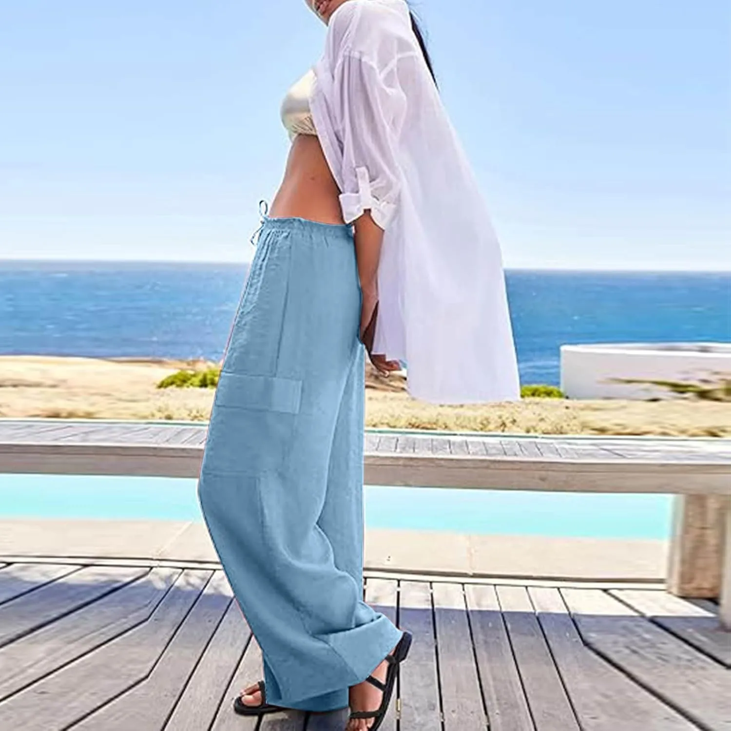 Linen Cargo Pants Women Lightweight Comfy Business Casual Work Pants Baggy Elastic Waist Office Trousers with Pockets