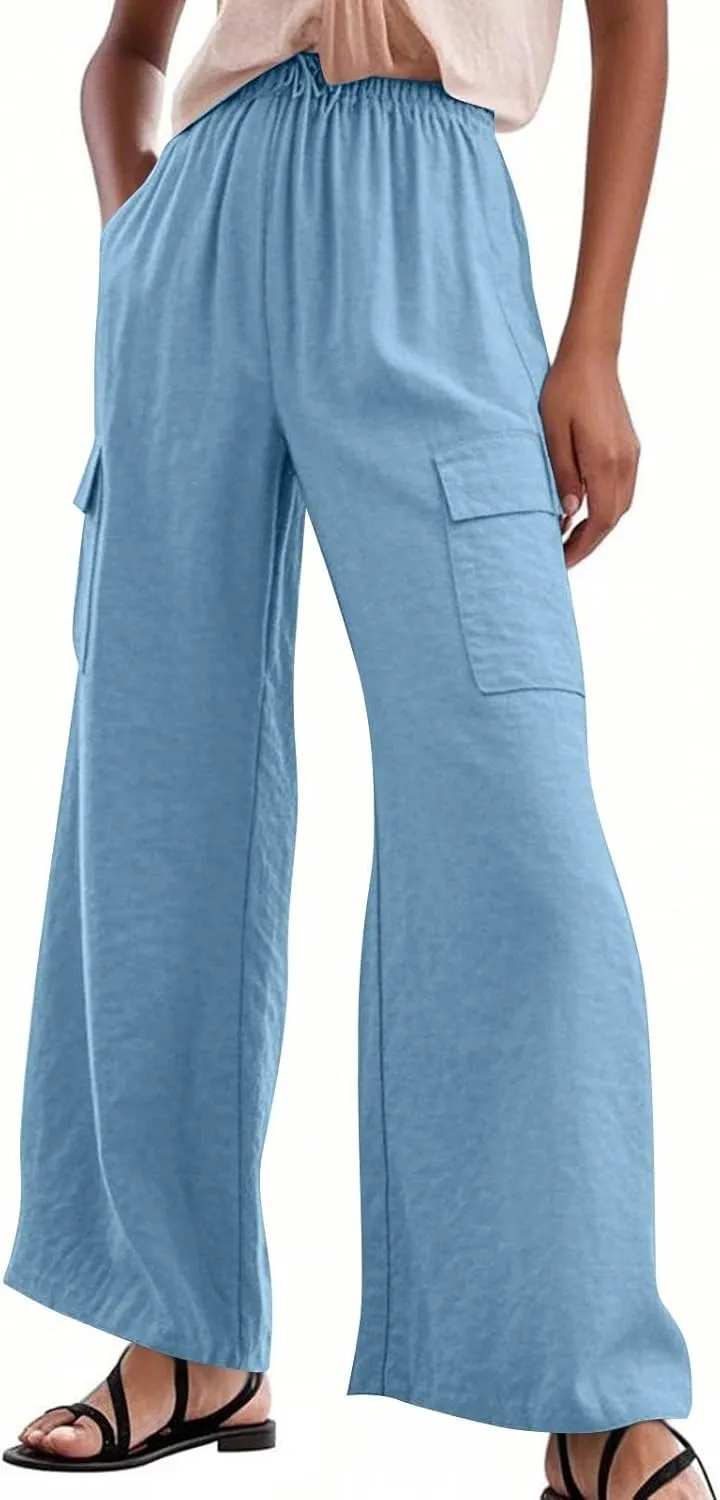Linen Cargo Pants Women Lightweight Comfy Business Casual Work Pants Baggy Elastic Waist Office Trousers with Pockets