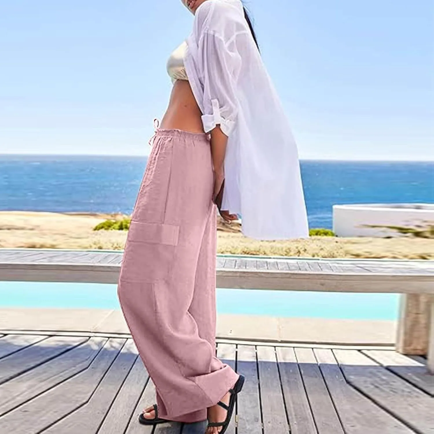 Linen Cargo Pants Women Lightweight Comfy Business Casual Work Pants Baggy Elastic Waist Office Trousers with Pockets